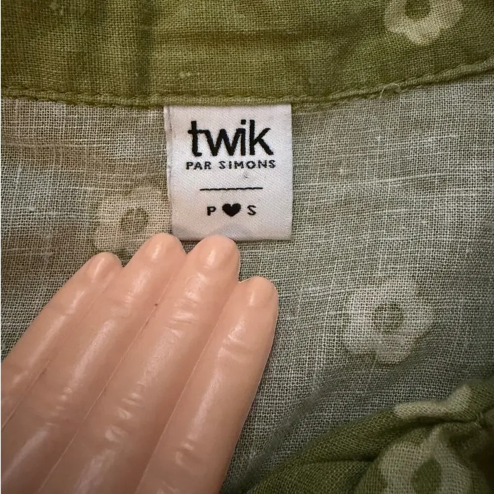 Twik Green Floral Linen Blend Button Front Dress Small - Picture 4 of 11